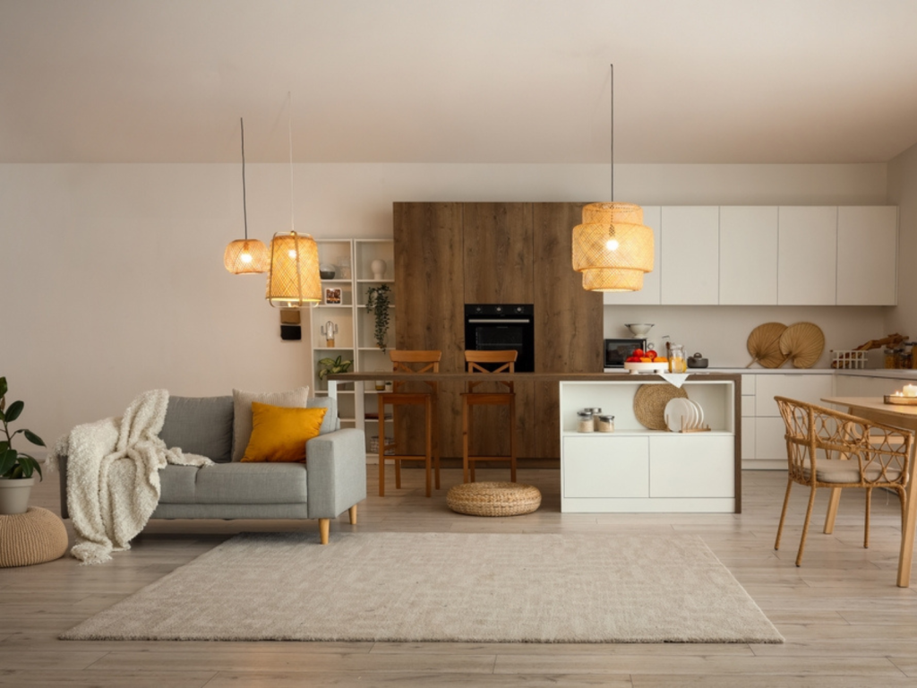Stylish open-plan kitchen, dining, and living area with soft neutral tones, wooden finishes, and woven pendant lighting in a contemporary 2025 home